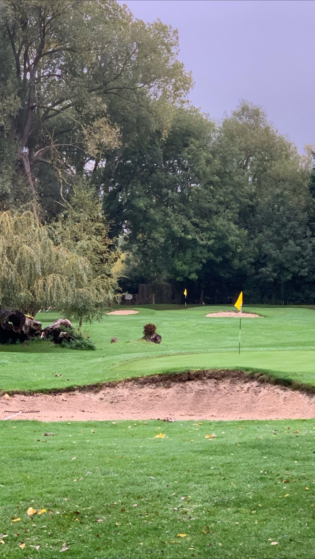 Yellow flags and a deep bunker guarding the green