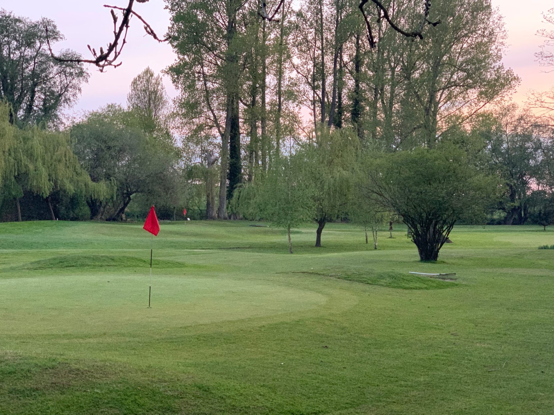 Red flag on the green at sunset